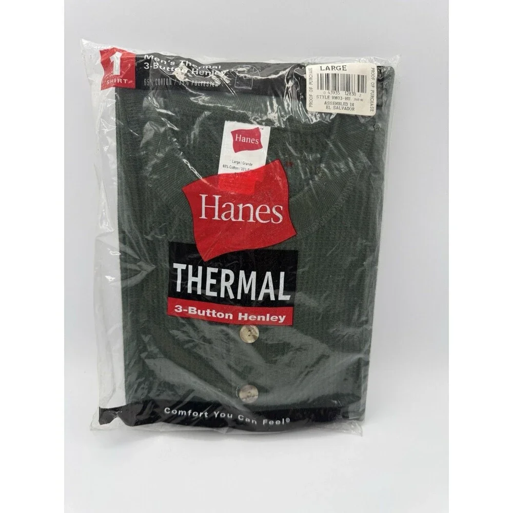 Hanes Men’s Thermal 3-Button Henley Large NOS Y2K Green